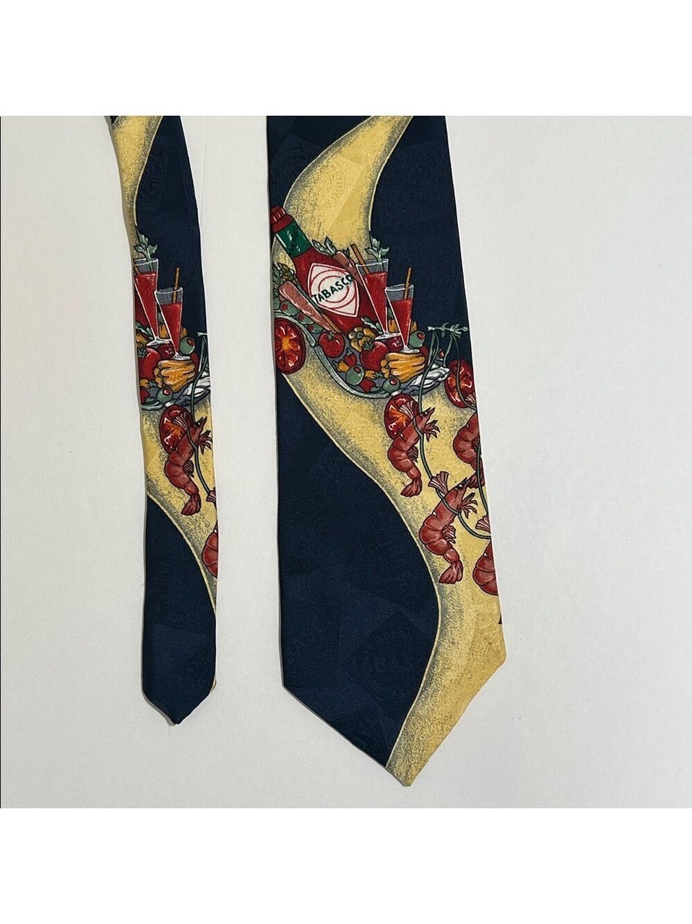 Tabasco Navy Tie with shrimp, olives and Cocktail Design.